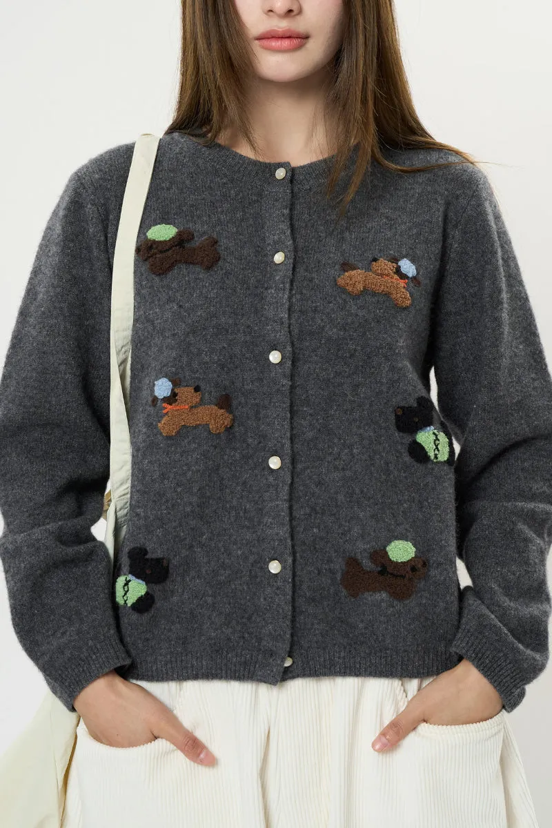 100 Wool Dog Jacquard Crewneck Cardigan