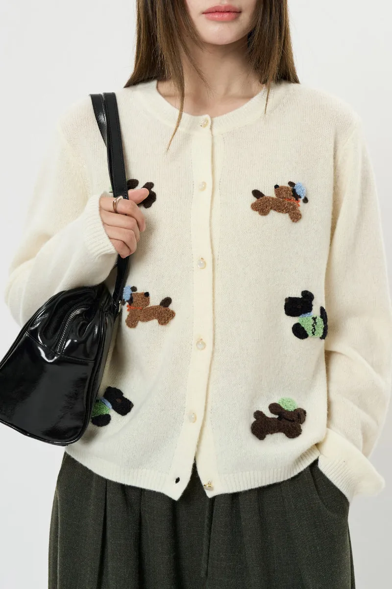 100 Wool Dog Jacquard Crewneck Cardigan