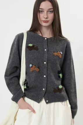 100 Wool Dog Jacquard Crewneck Cardigan