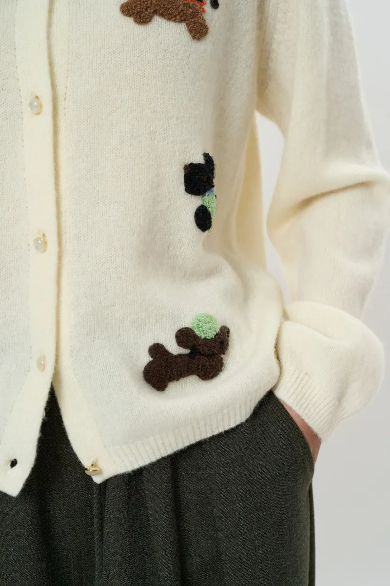100 Wool Dog Jacquard Crewneck Cardigan