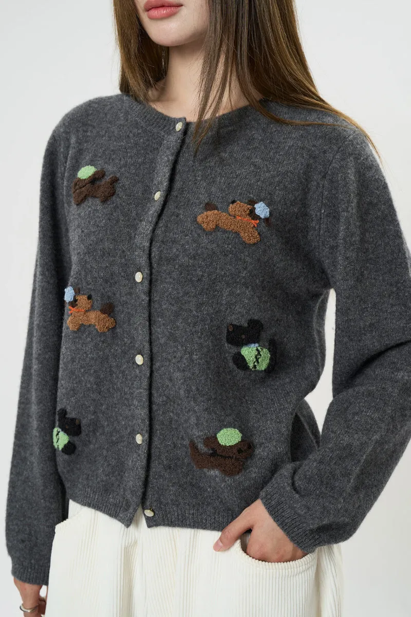 100 Wool Dog Jacquard Crewneck Cardigan