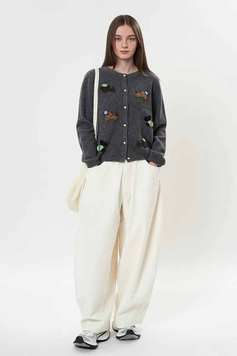 100 Wool Dog Jacquard Crewneck Cardigan