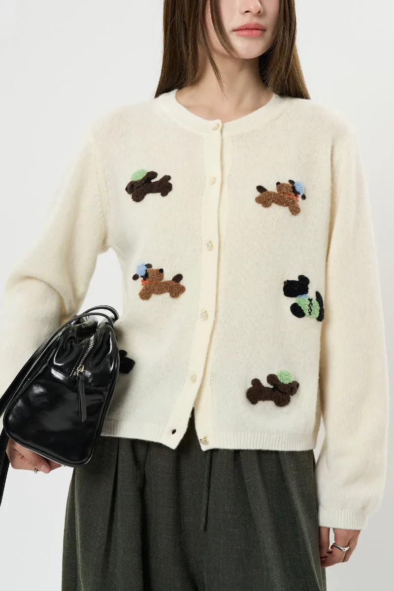 100 Wool Dog Jacquard Crewneck Cardigan