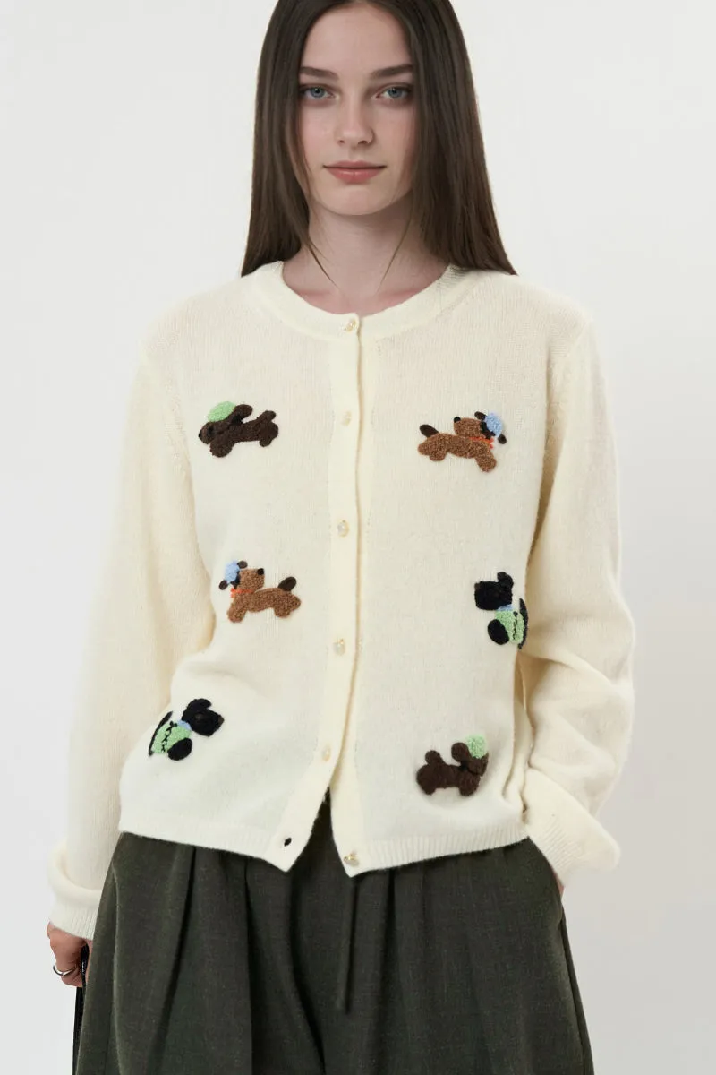 100 Wool Dog Jacquard Crewneck Cardigan