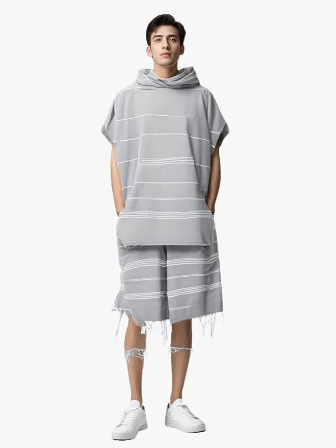 1pcs Large Turkish Cotton Poncho Towel Surf Poncho Changing Towel Robe with Hood and Front Pocket Absorbent Wearable Towel Hooded Beach Towel for Adult Man Women Surf Beach Pool (Light grey, Large)
