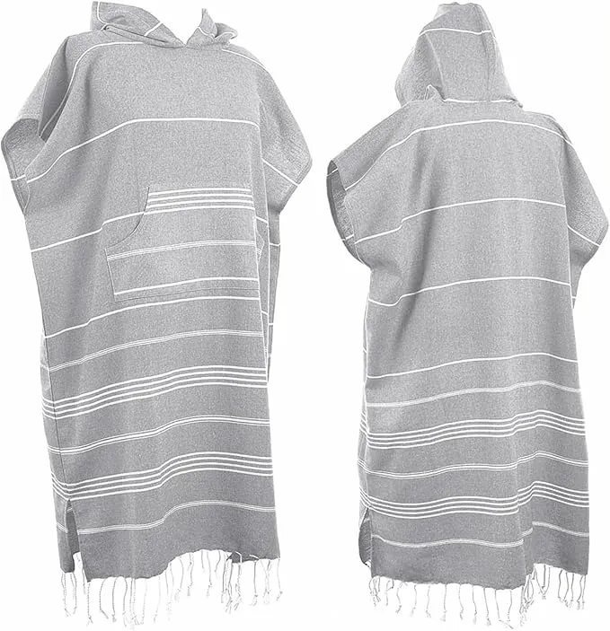 1pcs Large Turkish Cotton Poncho Towel Surf Poncho Changing Towel Robe with Hood and Front Pocket Absorbent Wearable Towel Hooded Beach Towel for Adult Man Women Surf Beach Pool (Light grey, Large)