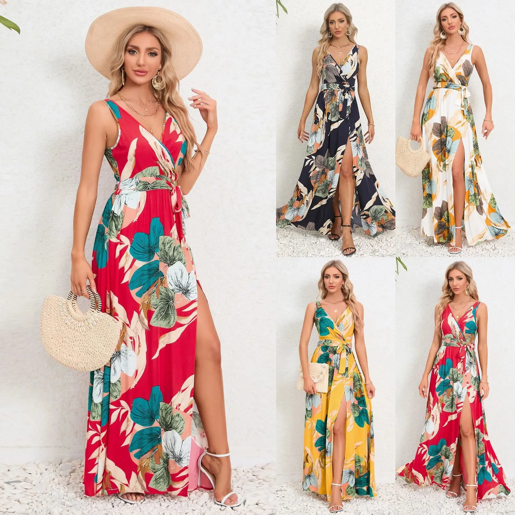 2024 Summer Women's Dresses - Waist Tie Double V Neck Sleeveless Slit Printed Long Halter