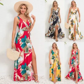 2024 Summer Women's Dresses - Waist Tie Double V Neck Sleeveless Slit Printed Long Halter