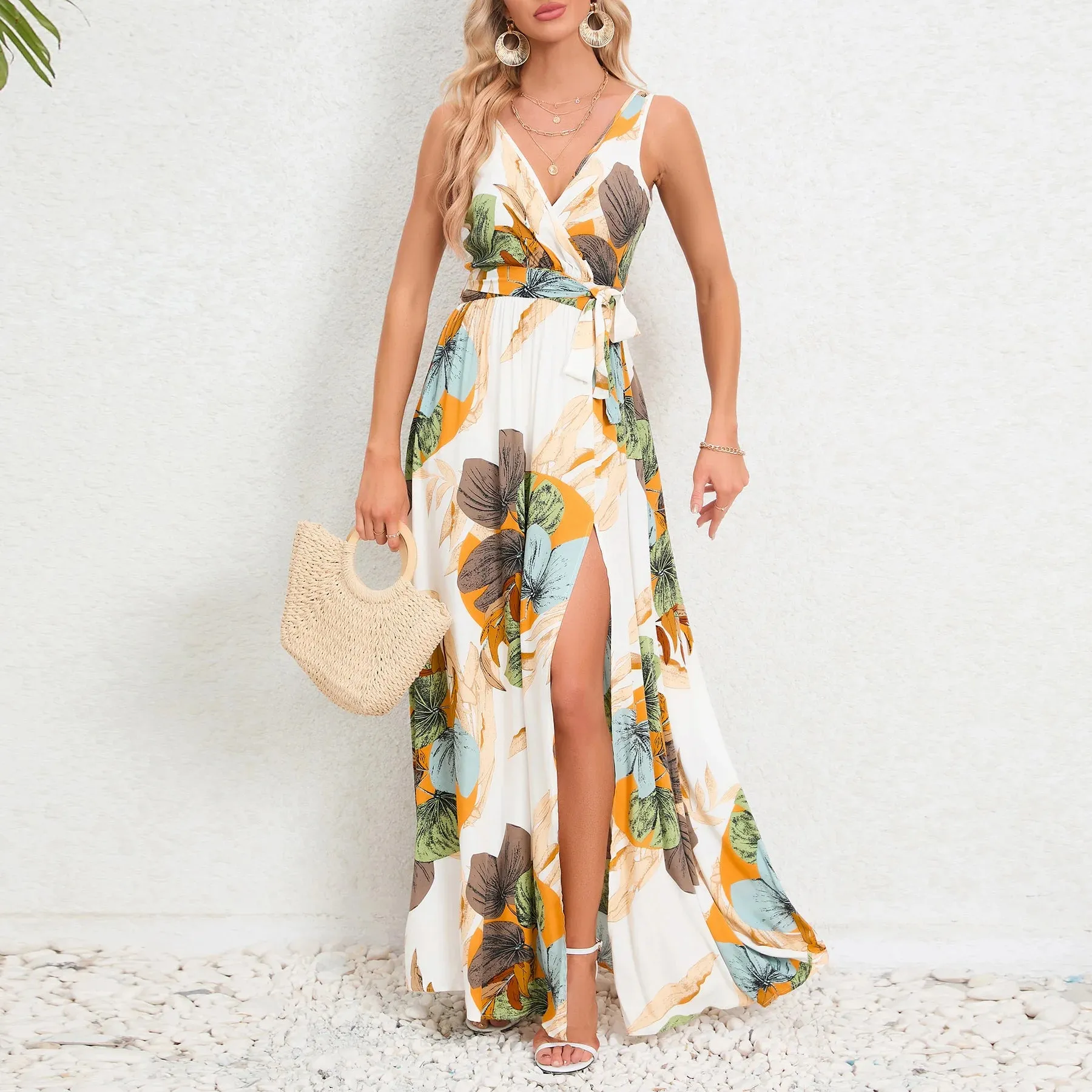 2024 Summer Women's Dresses - Waist Tie Double V Neck Sleeveless Slit Printed Long Halter