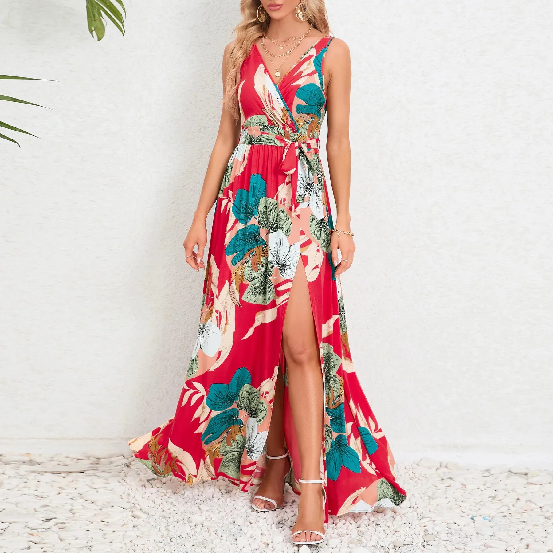 2024 Summer Women's Dresses - Waist Tie Double V Neck Sleeveless Slit Printed Long Halter