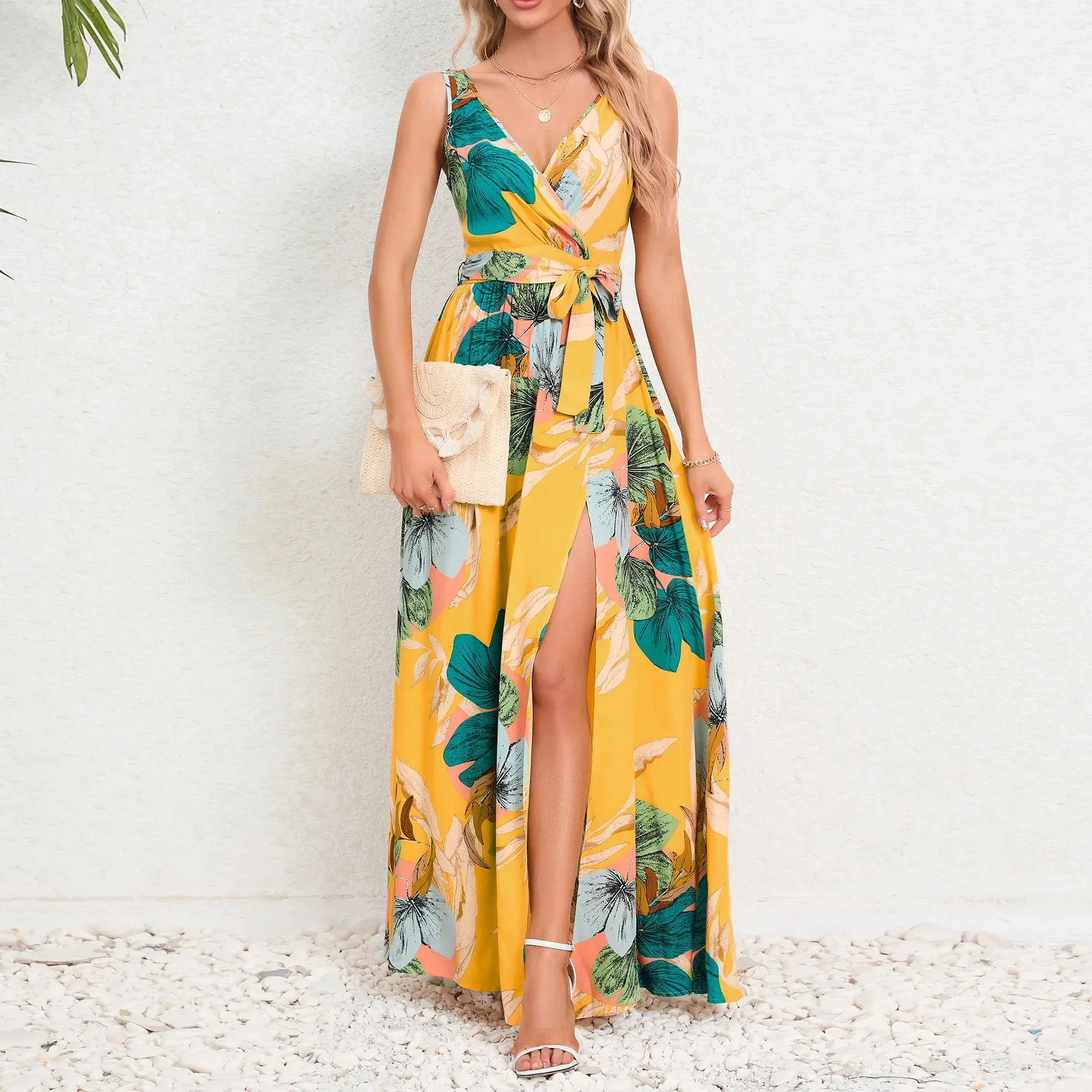 2024 Summer Women's Dresses - Waist Tie Double V Neck Sleeveless Slit Printed Long Halter