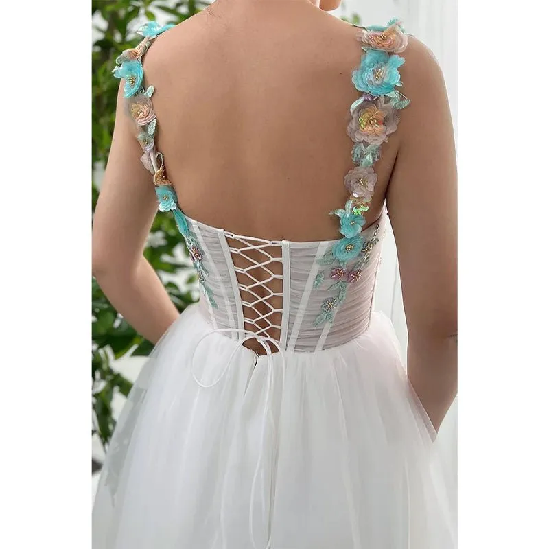 A-line Floral Spaghetti Straps White Formal Evening Dress Wedding Party Dress
