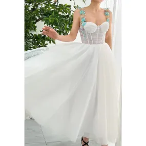 A-line Floral Spaghetti Straps White Formal Evening Dress Wedding Party Dress