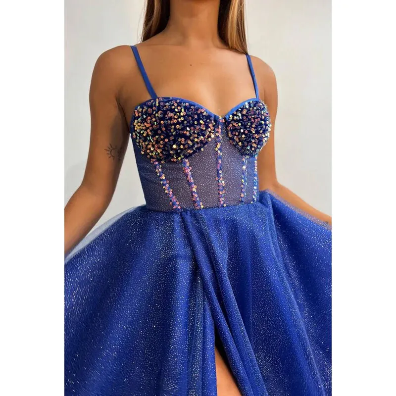 A-Line Straps Tulle Sequins Sleeveless Prom Dress