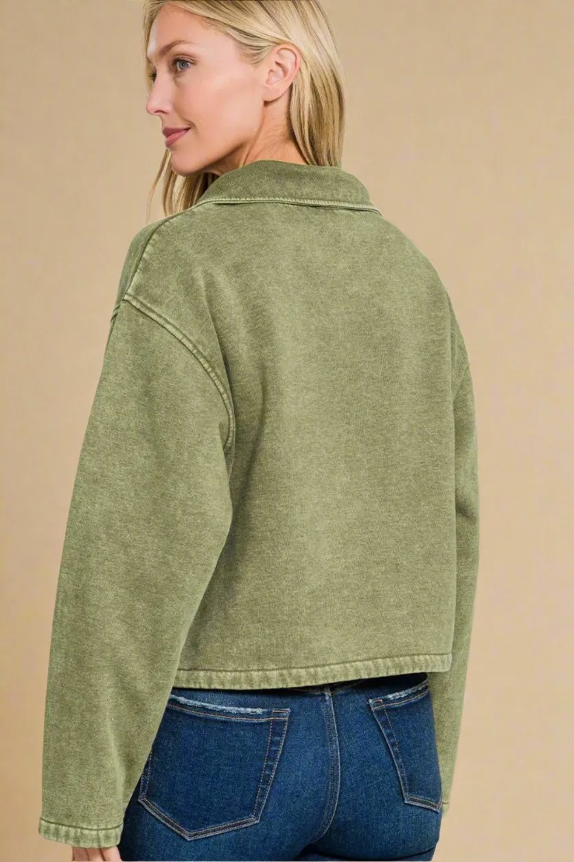 Acid Wash Fleece Half Snap Sweatshirt in Light Olive