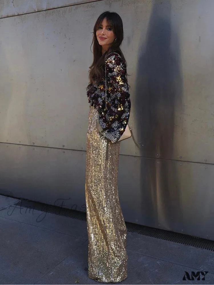 Amy Fashion - Wide Leg Pants High Waist Sequins Long Pants