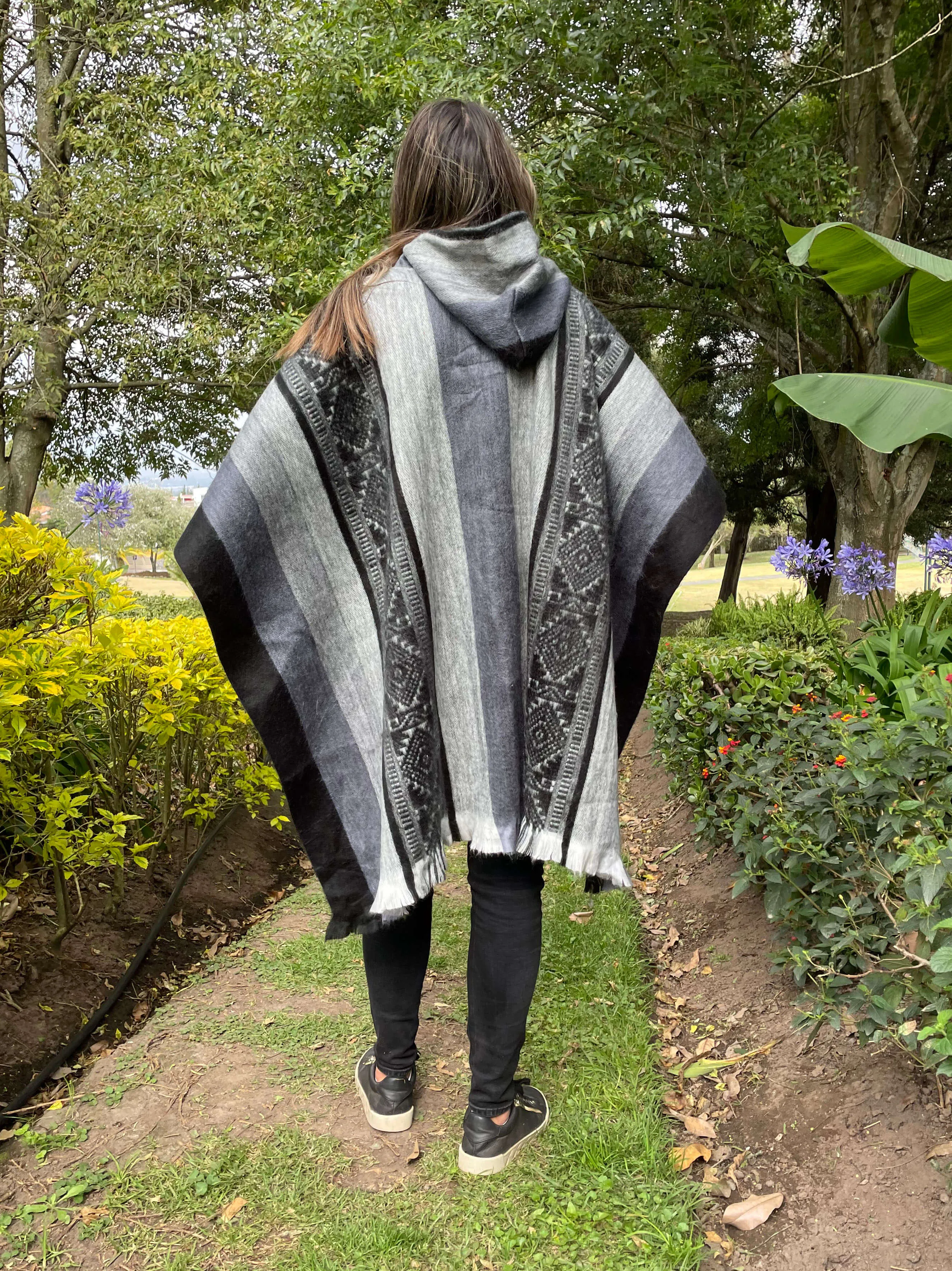 Andean Boho Grey Striped Alpaca Wool Poncho