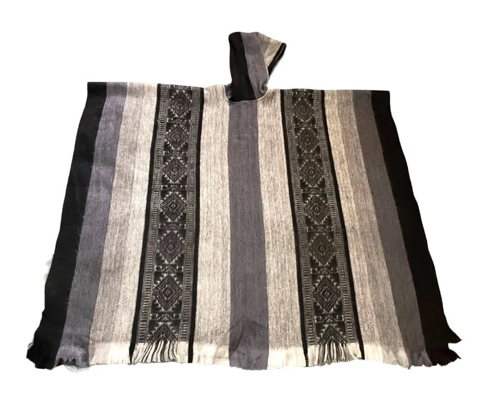 Andean Boho Grey Striped Alpaca Wool Poncho