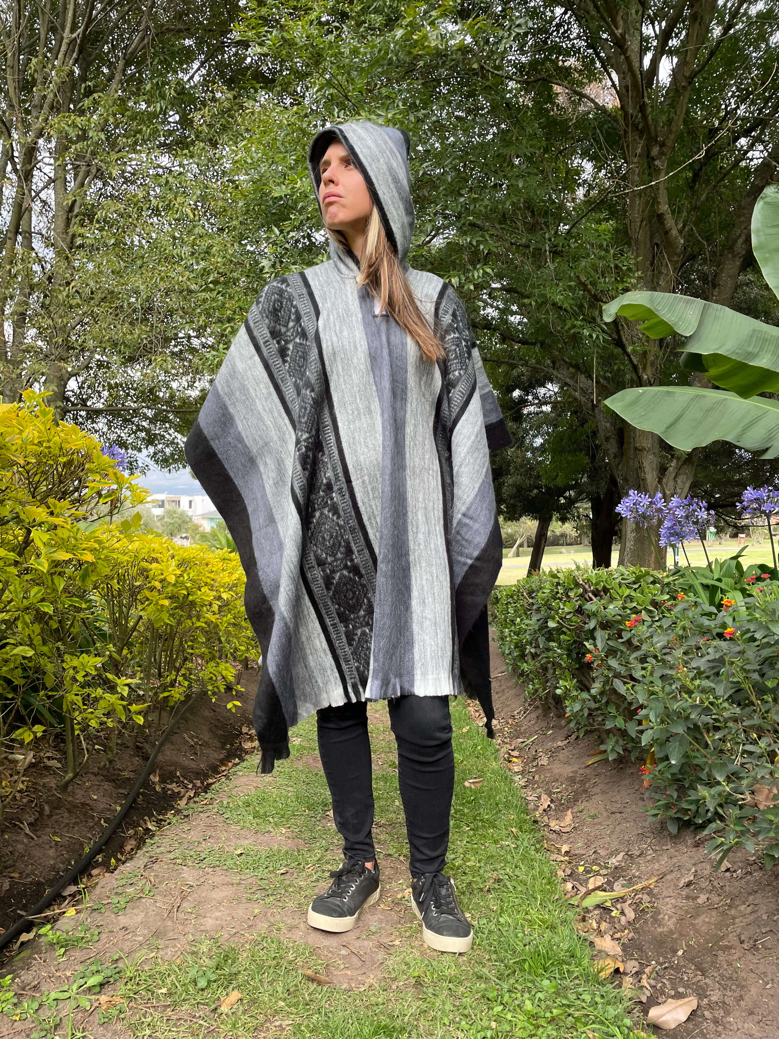 Andean Boho Grey Striped Alpaca Wool Poncho