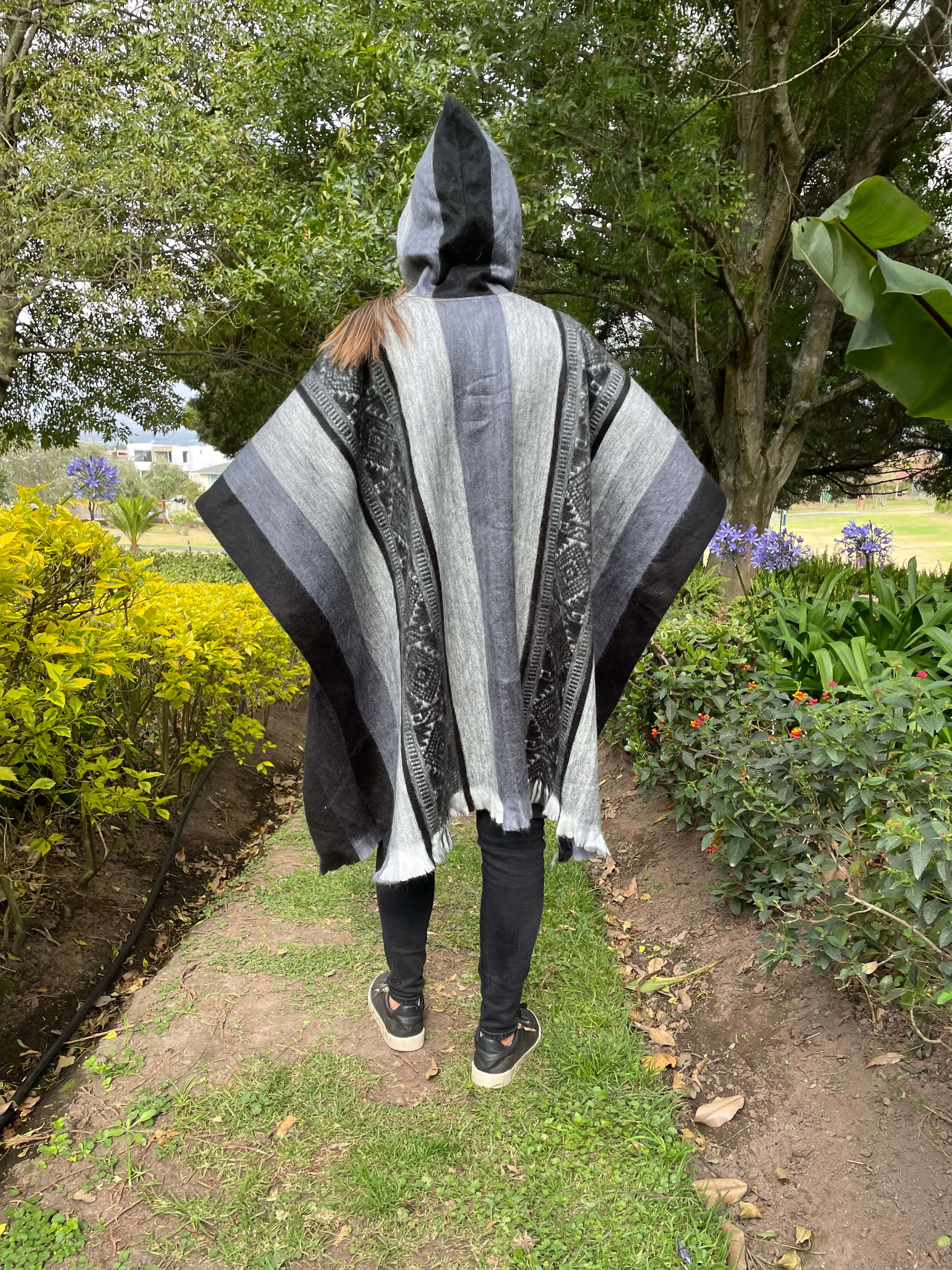 Andean Boho Grey Striped Alpaca Wool Poncho