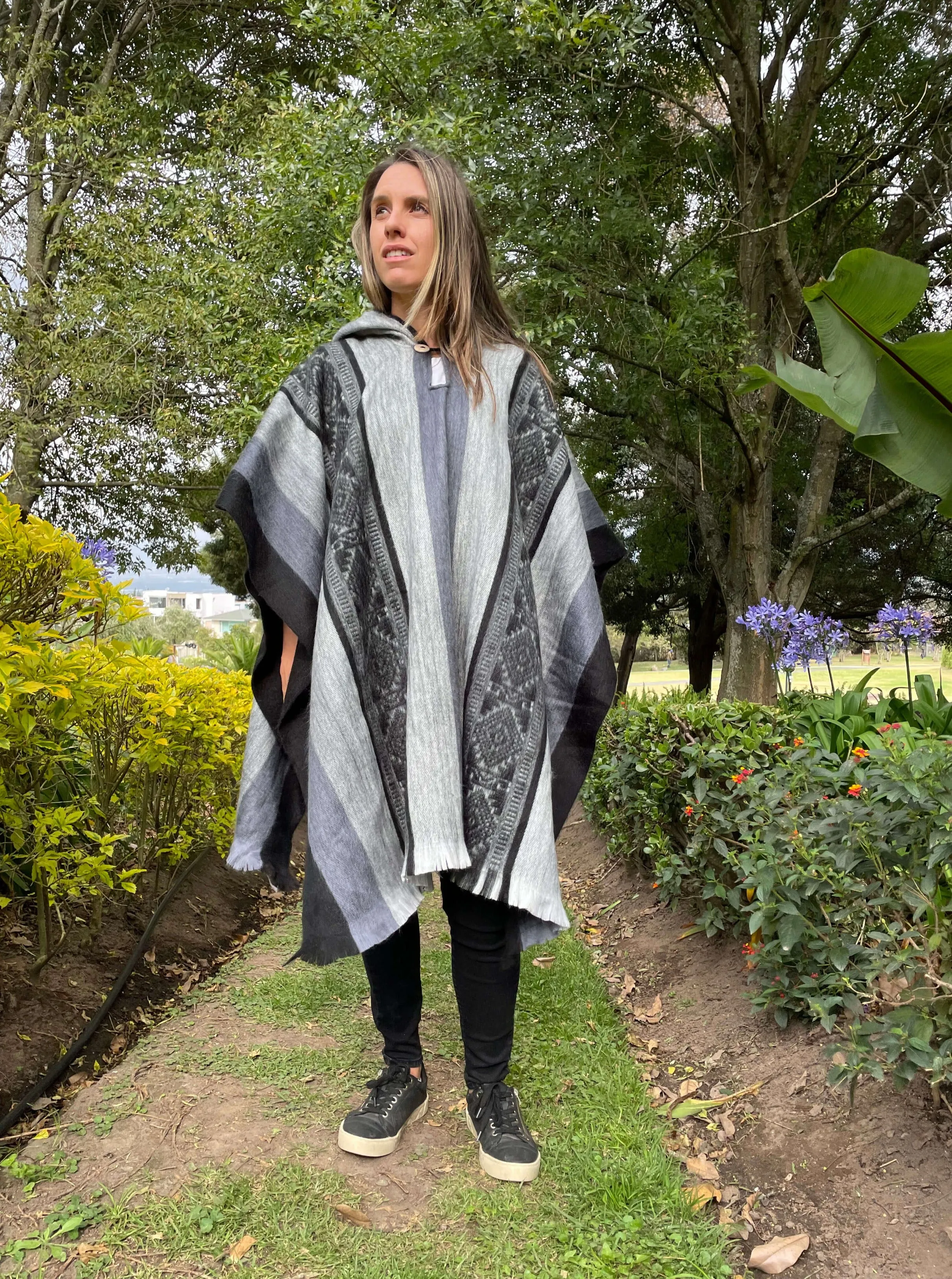 Andean Boho Grey Striped Alpaca Wool Poncho