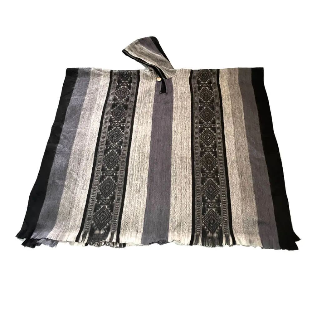 Andean Boho Grey Striped Alpaca Wool Poncho