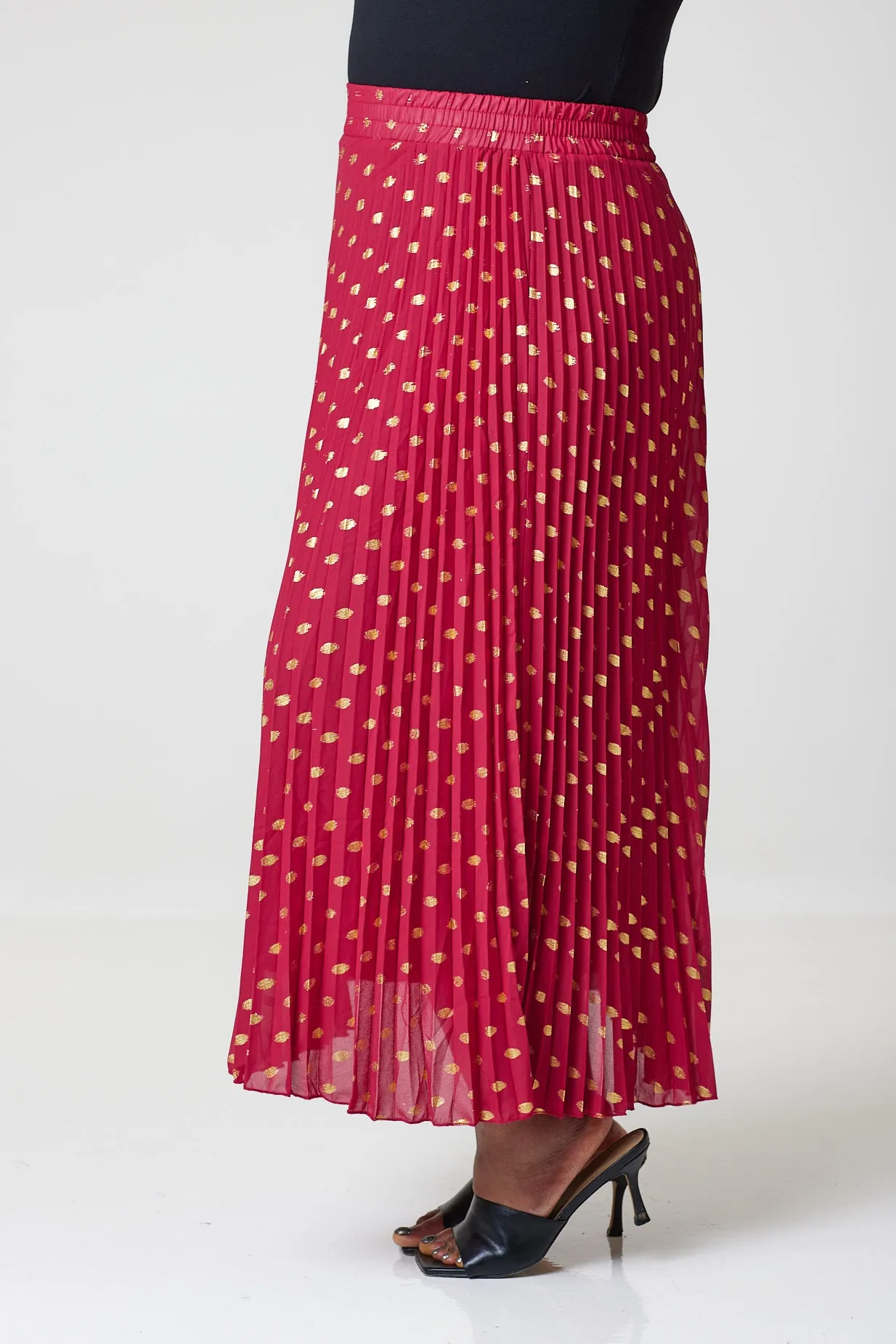 Bardot Maxi Pleated Skirt With Elasticated Waistband-Red