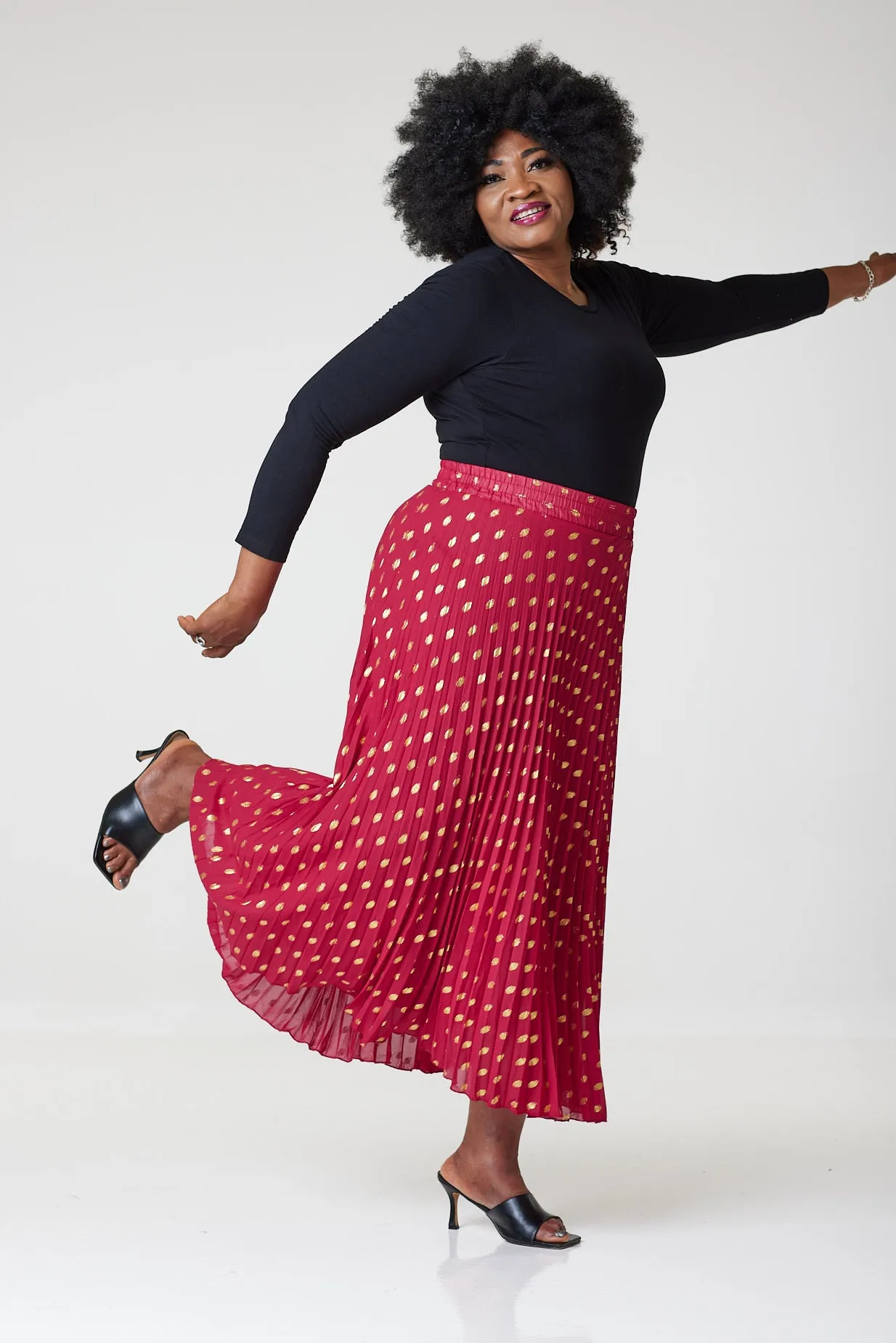 Bardot Maxi Pleated Skirt With Elasticated Waistband-Red