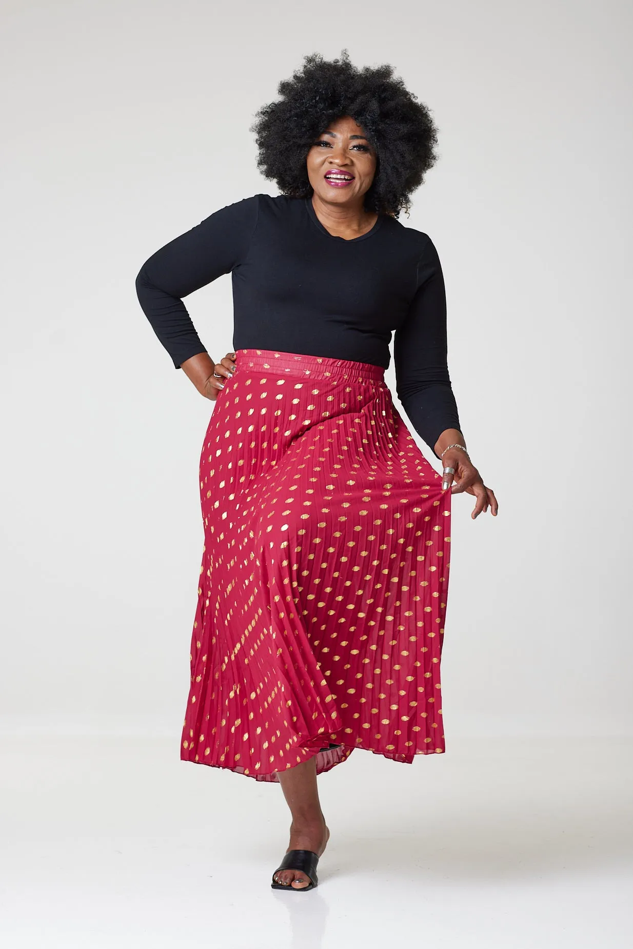 Bardot Maxi Pleated Skirt With Elasticated Waistband-Red