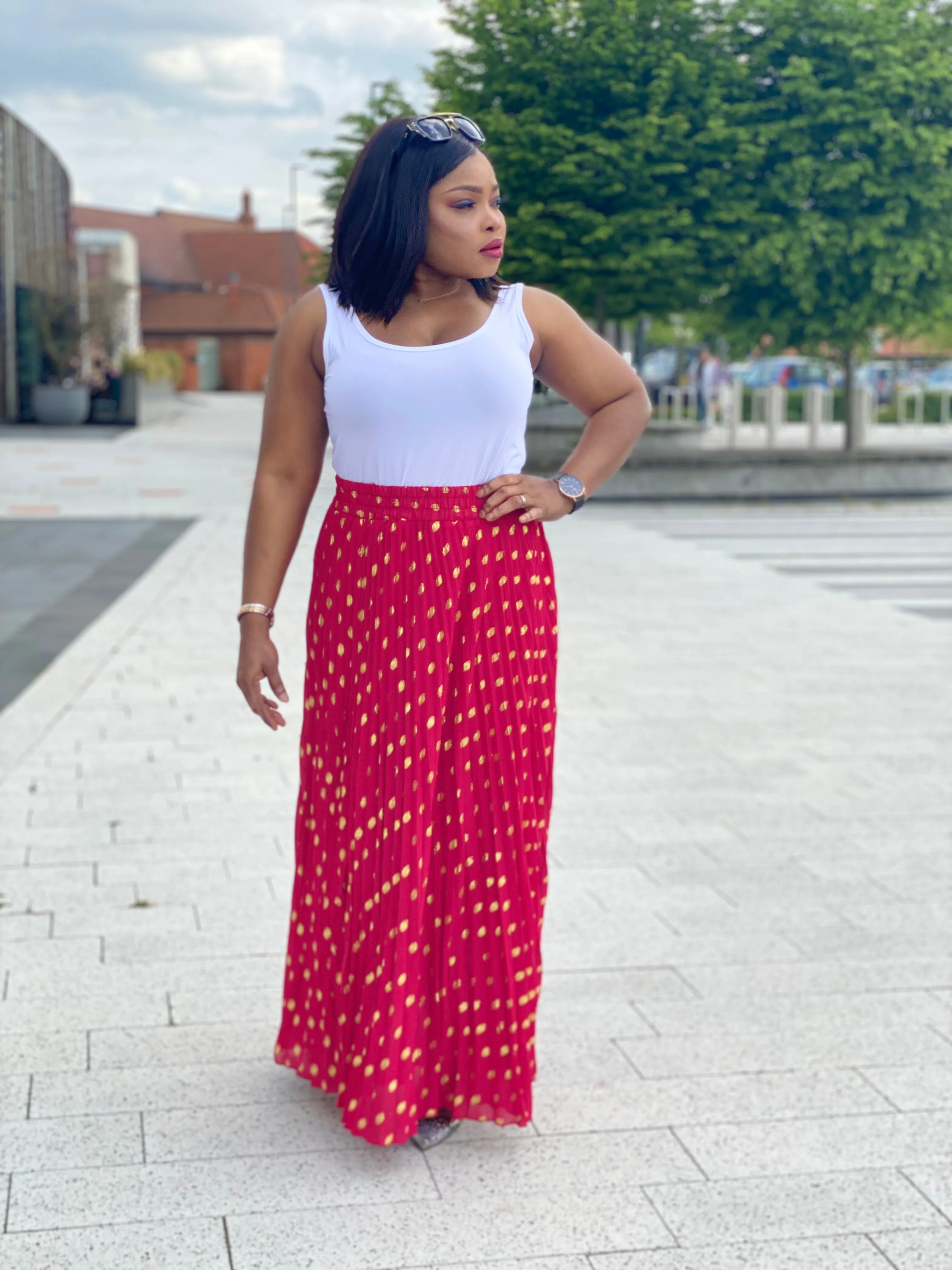 Bardot Maxi Pleated Skirt With Elasticated Waistband-Red