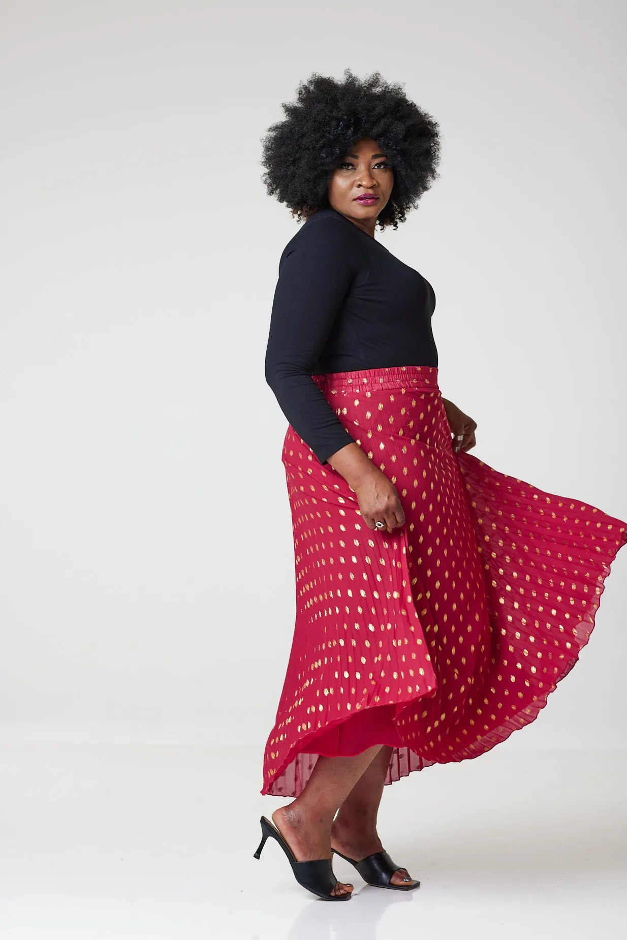 Bardot Maxi Pleated Skirt With Elasticated Waistband-Red