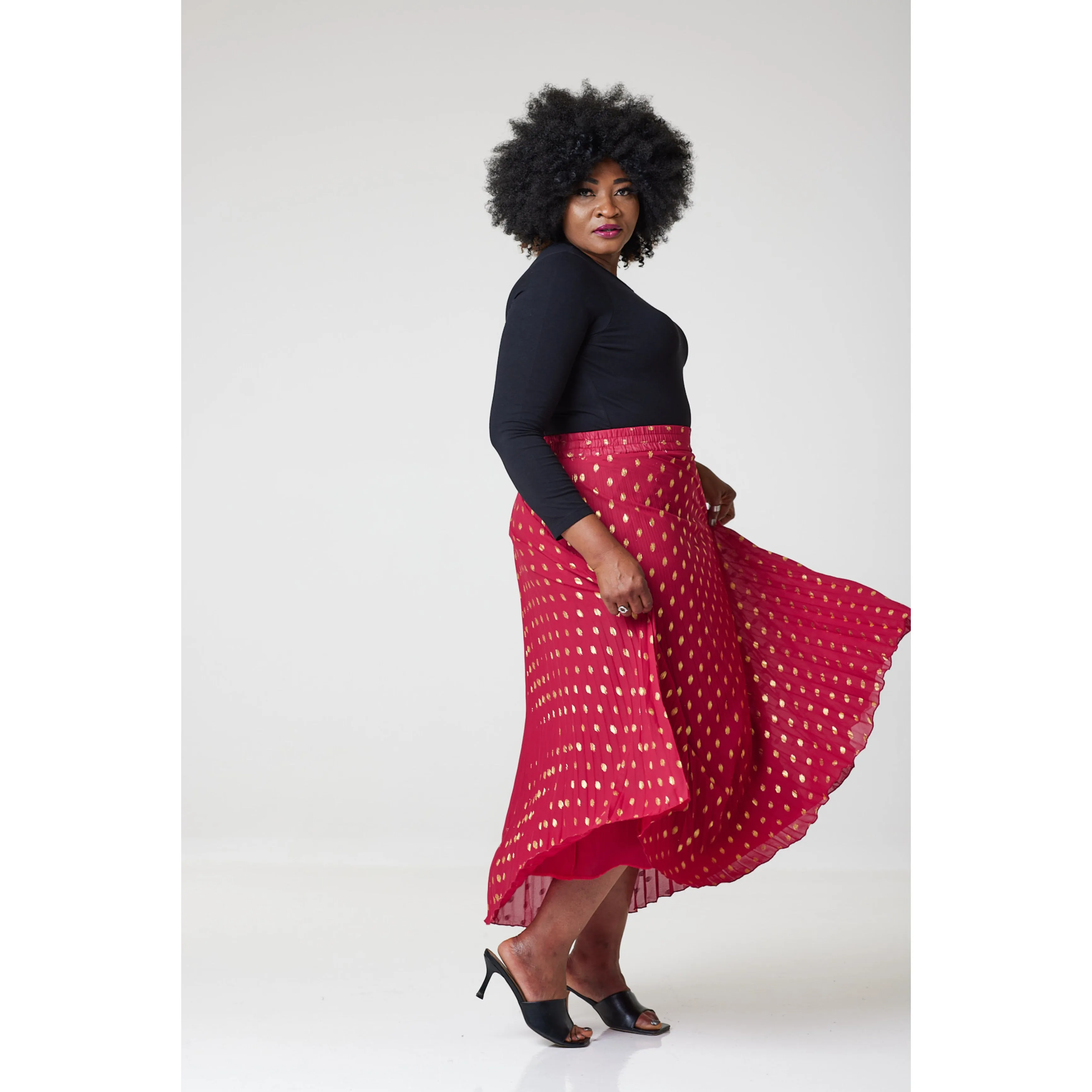 Bardot Maxi Pleated Skirt With Elasticated Waistband-Red