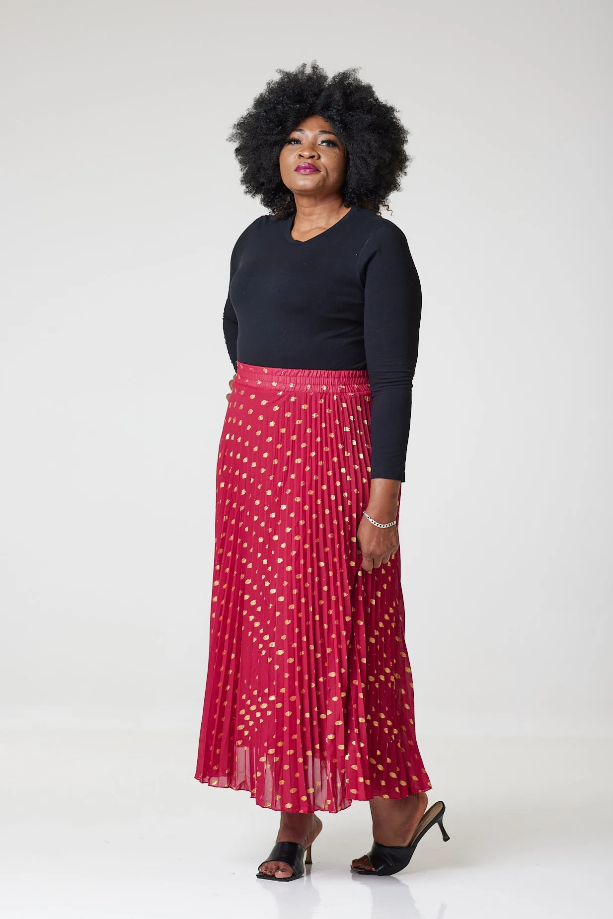 Bardot Maxi Pleated Skirt With Elasticated Waistband-Red