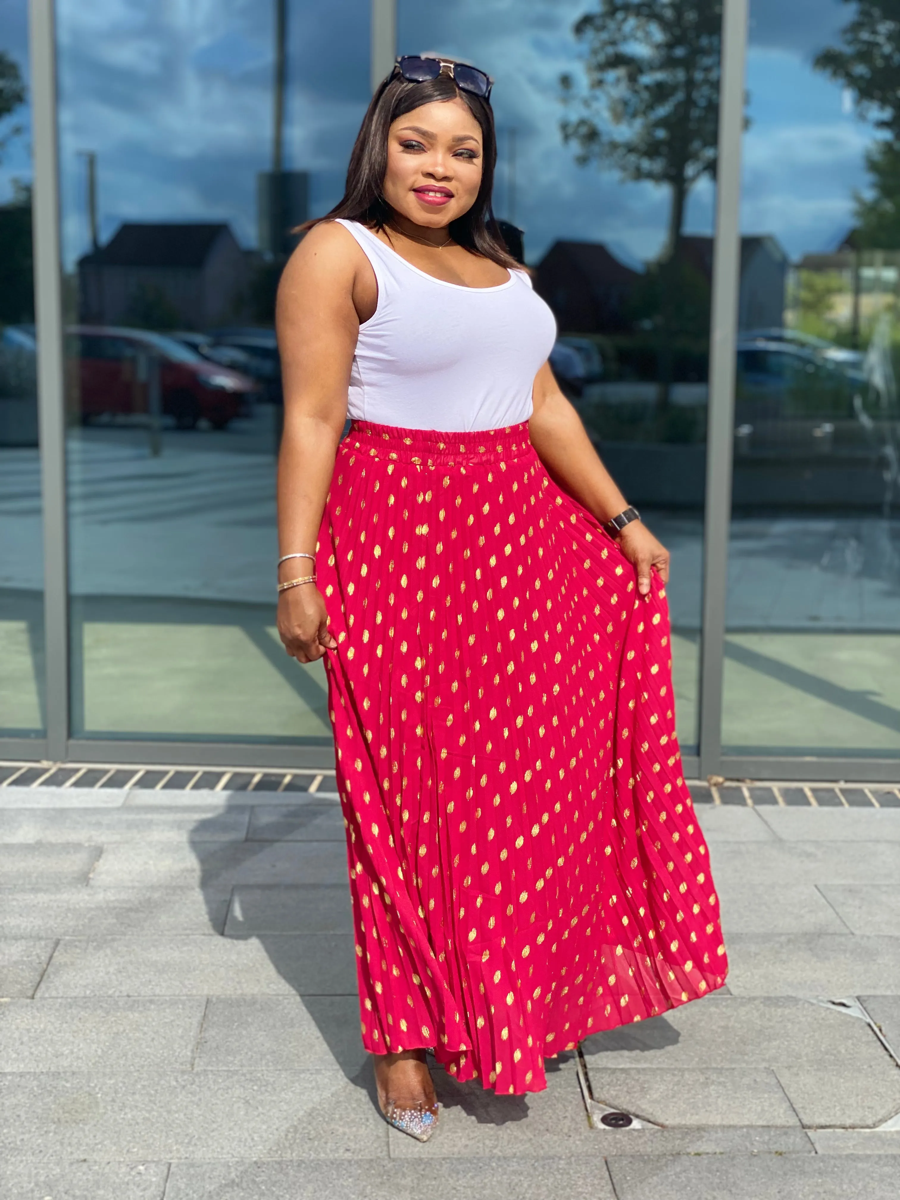 Bardot Maxi Pleated Skirt With Elasticated Waistband-Red