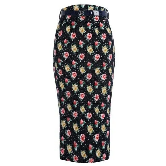 Beautiful Vintage inspired Lindy Bop 'Carver' Navy Floral Pencil Skirt