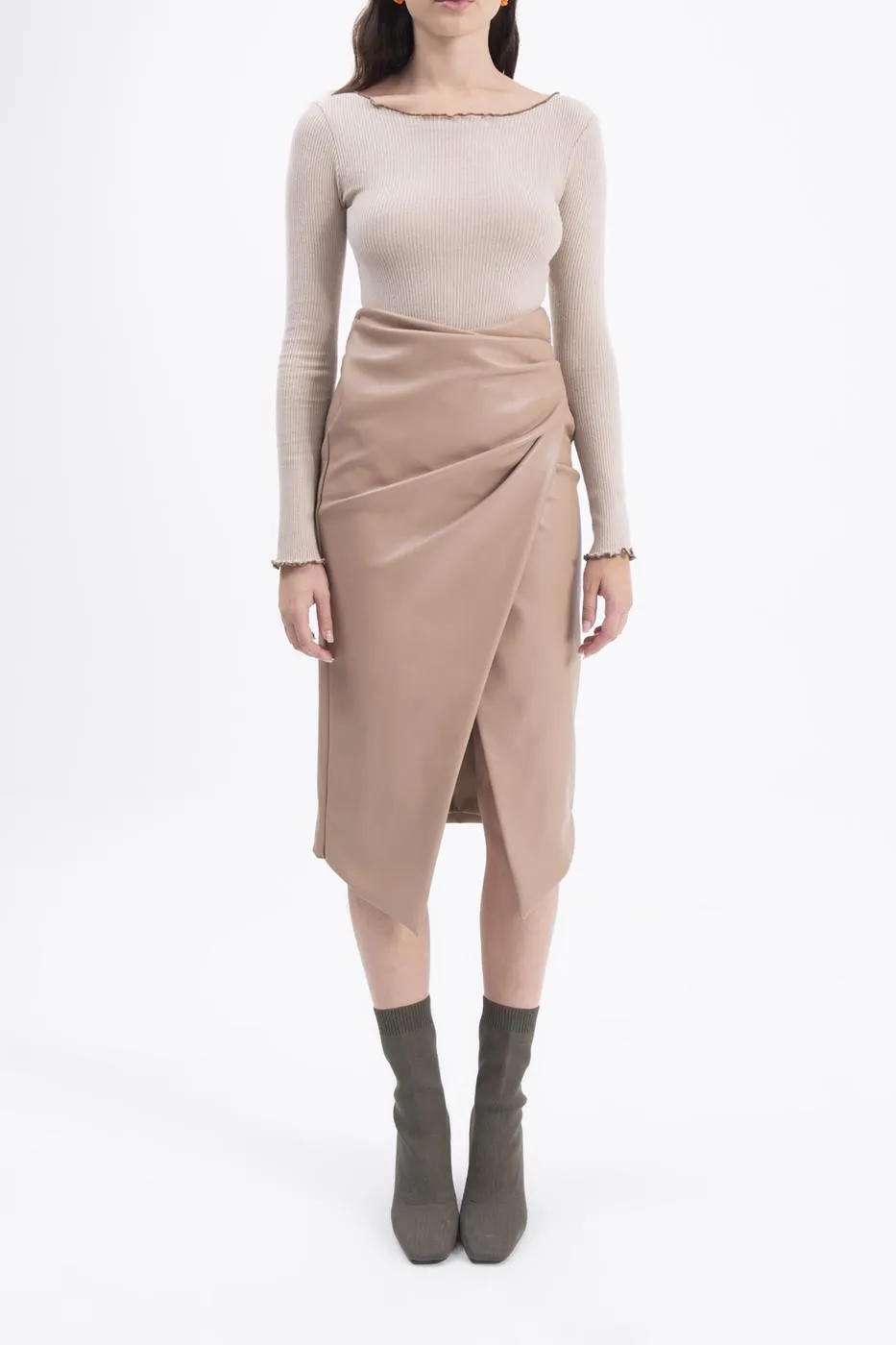 Beige Draped Faux Leather Midi Skirt