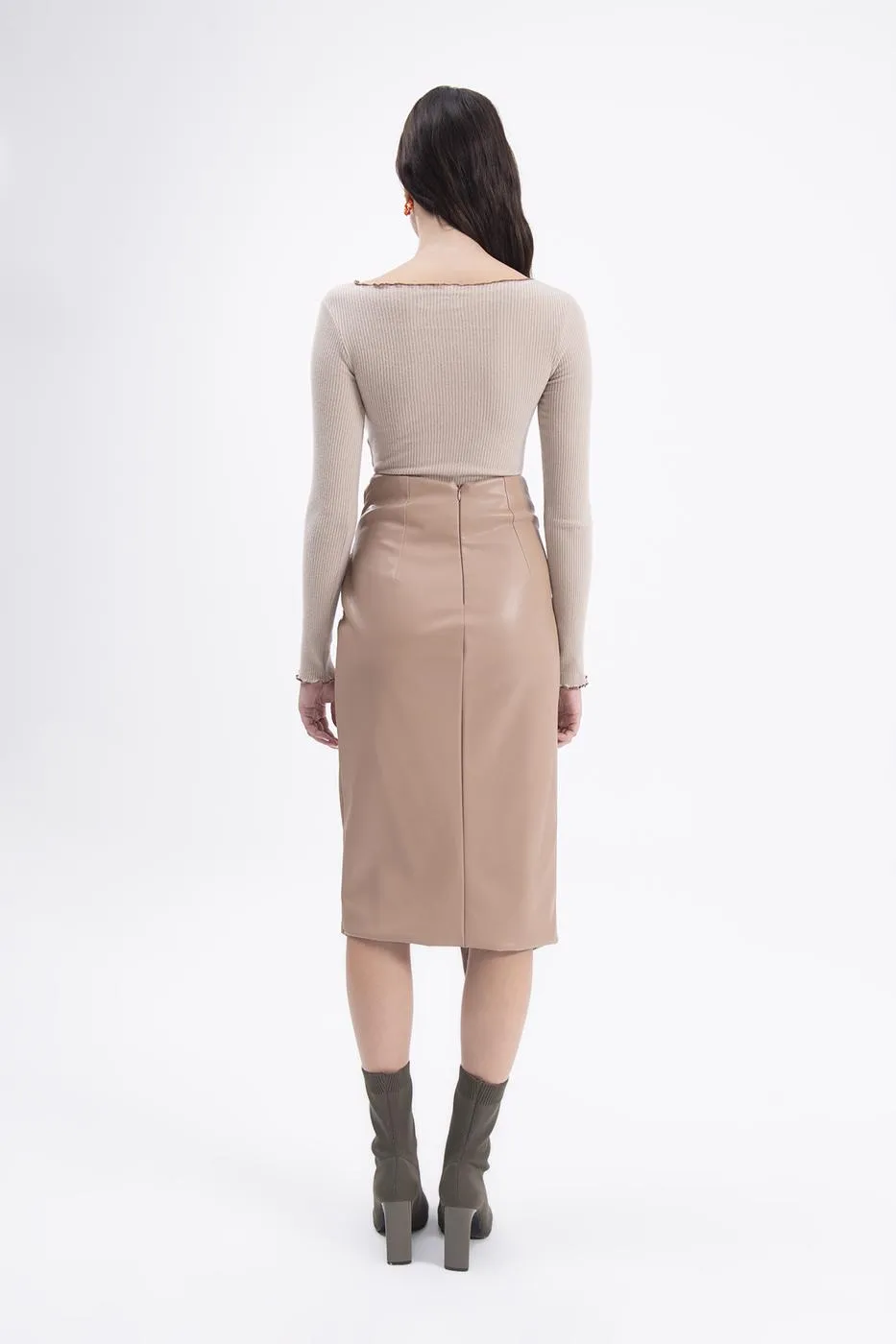Beige Draped Faux Leather Midi Skirt