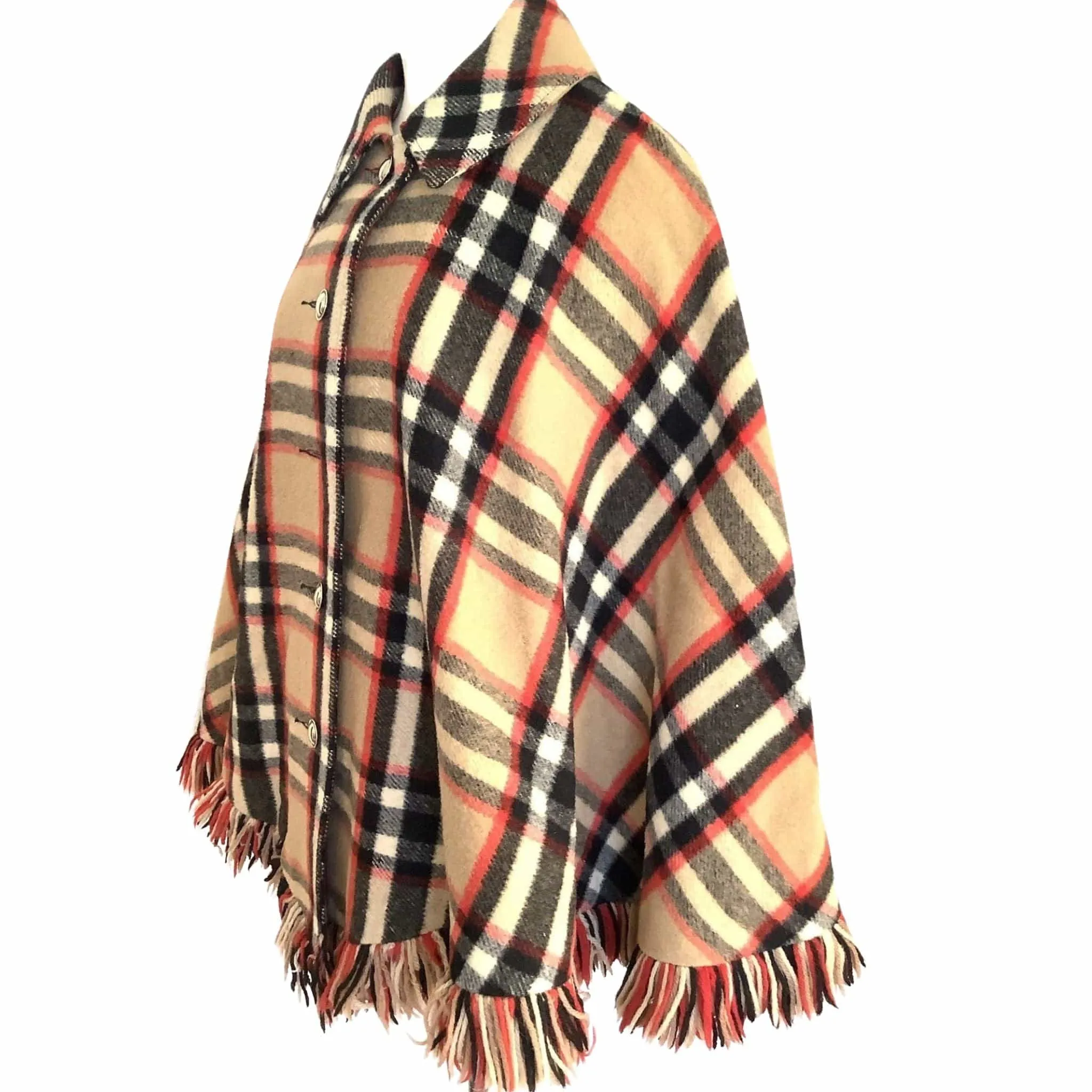 Beige Plaid Wool Poncho