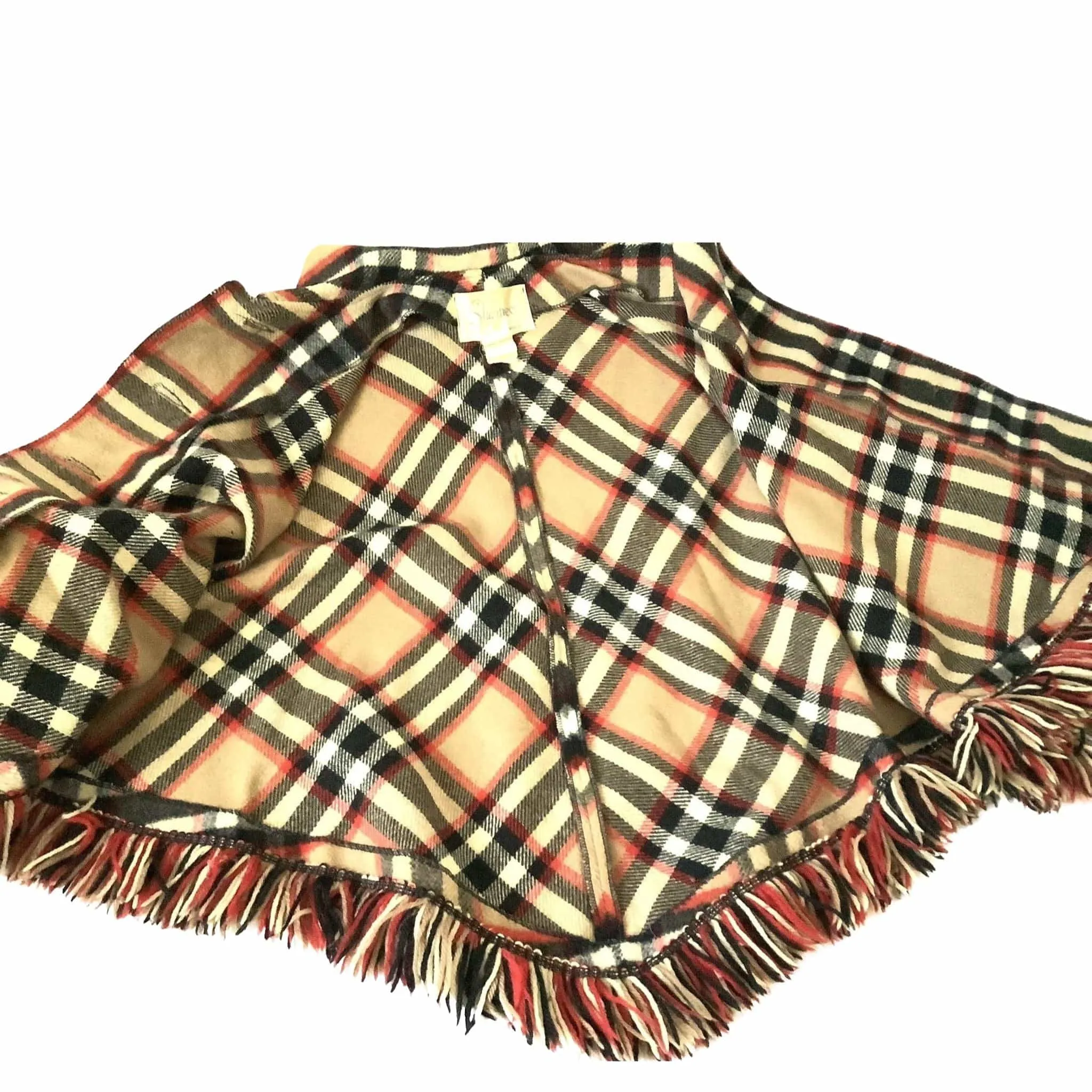 Beige Plaid Wool Poncho