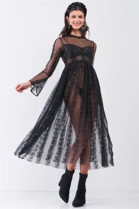 Black Boho Vintage Sheer Lace Round Neck Flare Long Sleeve Midi Dress /2-2-2
