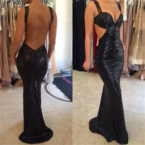 Black Low Back Sequins Mermaid Sexy Prom Dress