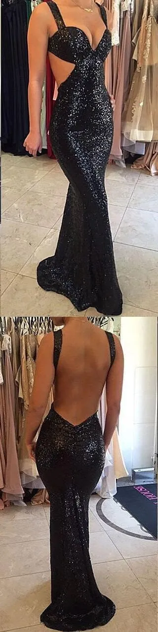 Black Low Back Sequins Mermaid Sexy Prom Dress