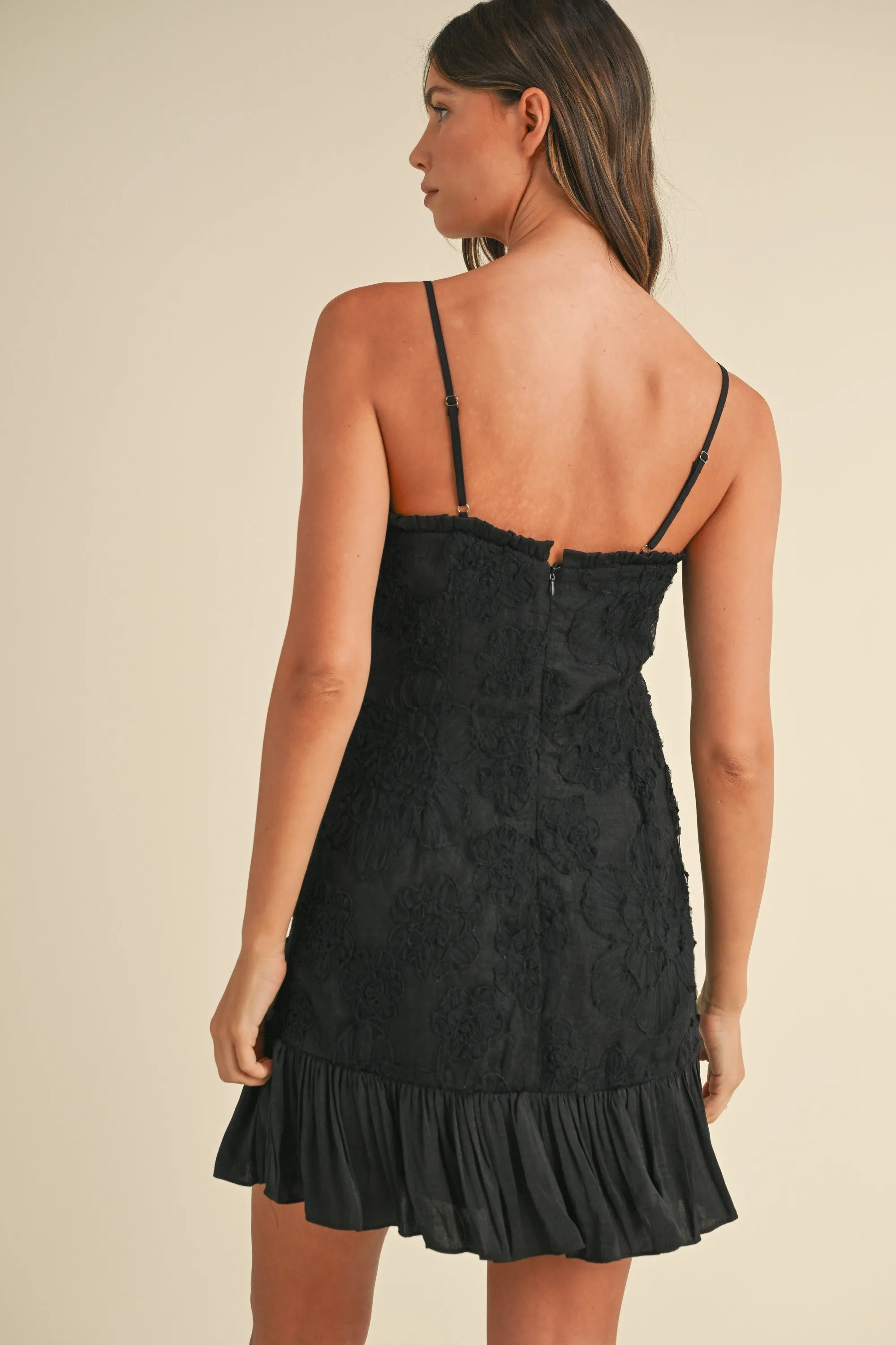 Black Textured Floral Applique Tiered Hem Mini Dress