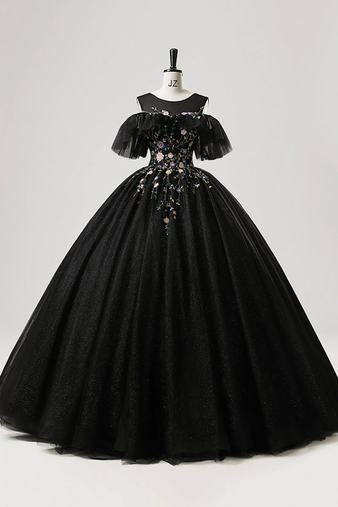 Black Tulle Beaded Long Prom Dress, A-Line Scoop Neckline Formal Party Gown