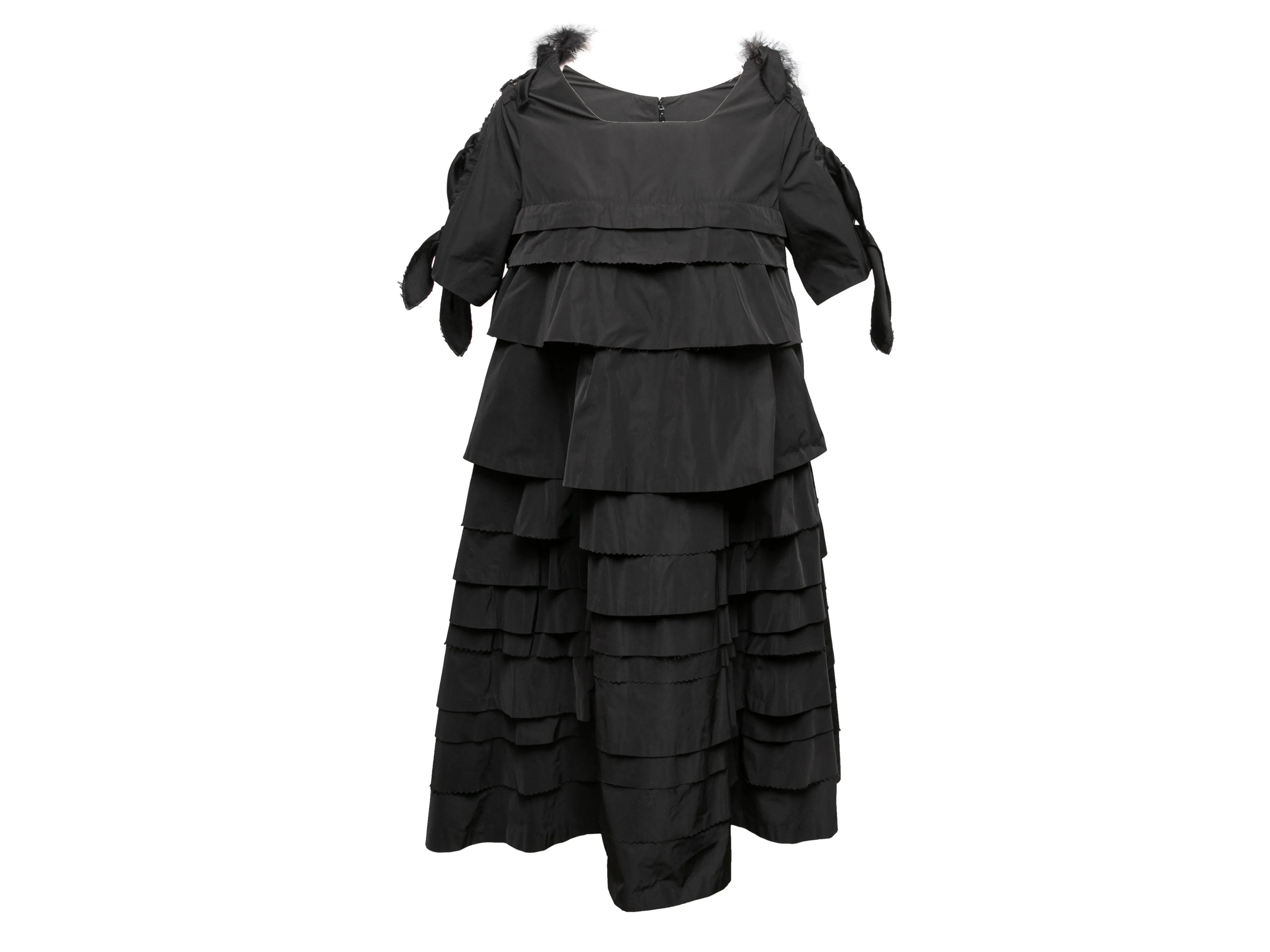 Black Undercover Jun Takahashi Feather-Trimmed Tiered Dress Designer Size 2