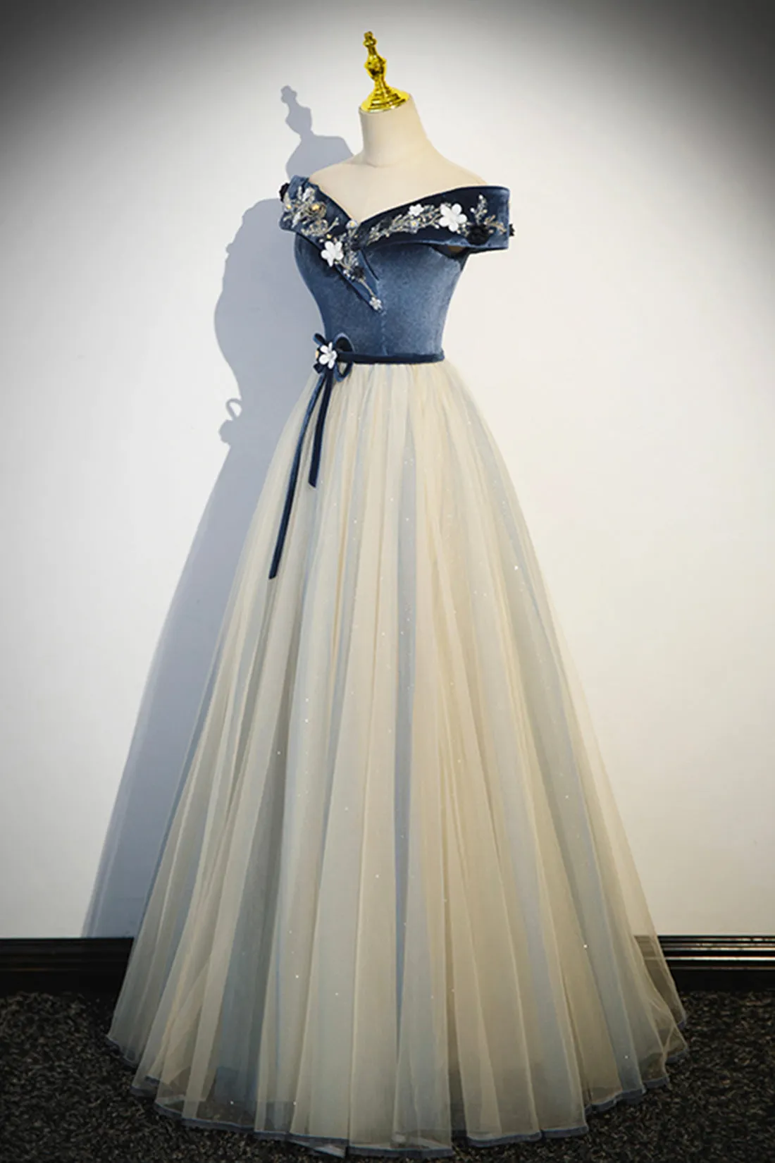 Blue Beading Appliques V-Neck Floor Length Prom Dress, Off the Shoulder Princess A-Line Formal Dress