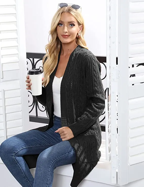 Blush Pink Women Open Front Cardigan Sweaters Pockets Long Sleeve Shrugs - GRACE KARIN