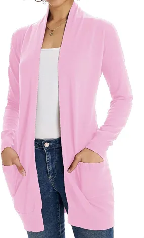 Blush Pink Women Open Front Cardigan Sweaters Pockets Long Sleeve Shrugs - GRACE KARIN