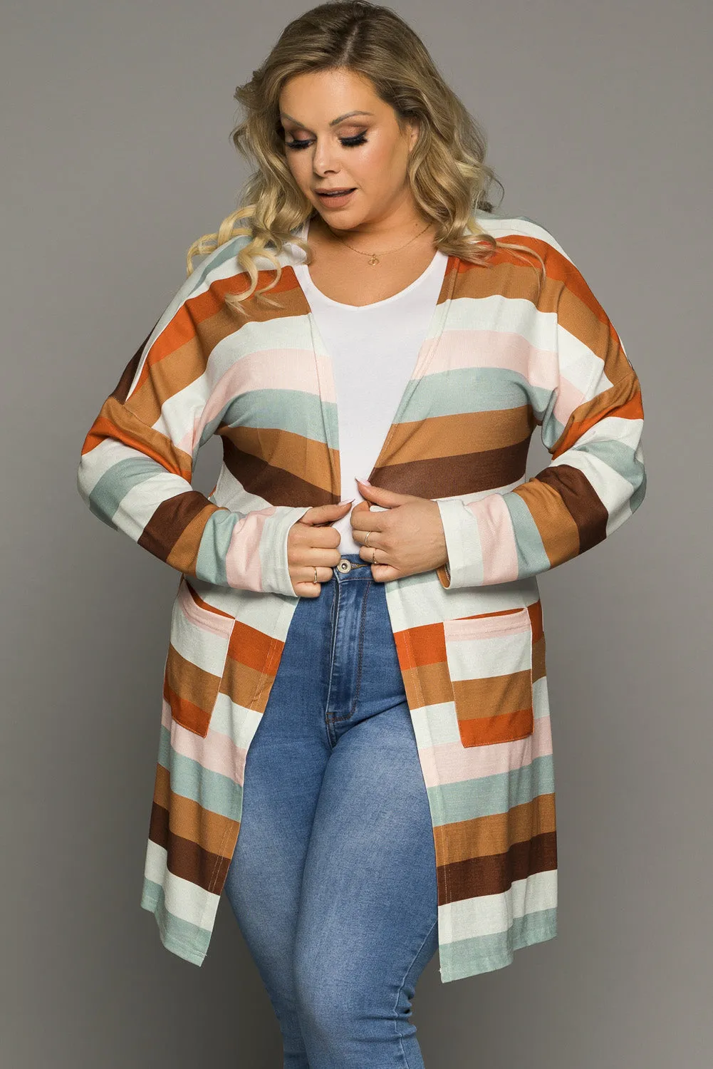Brown Stripe Print Open Front Plus Size Cardigan With Pocket