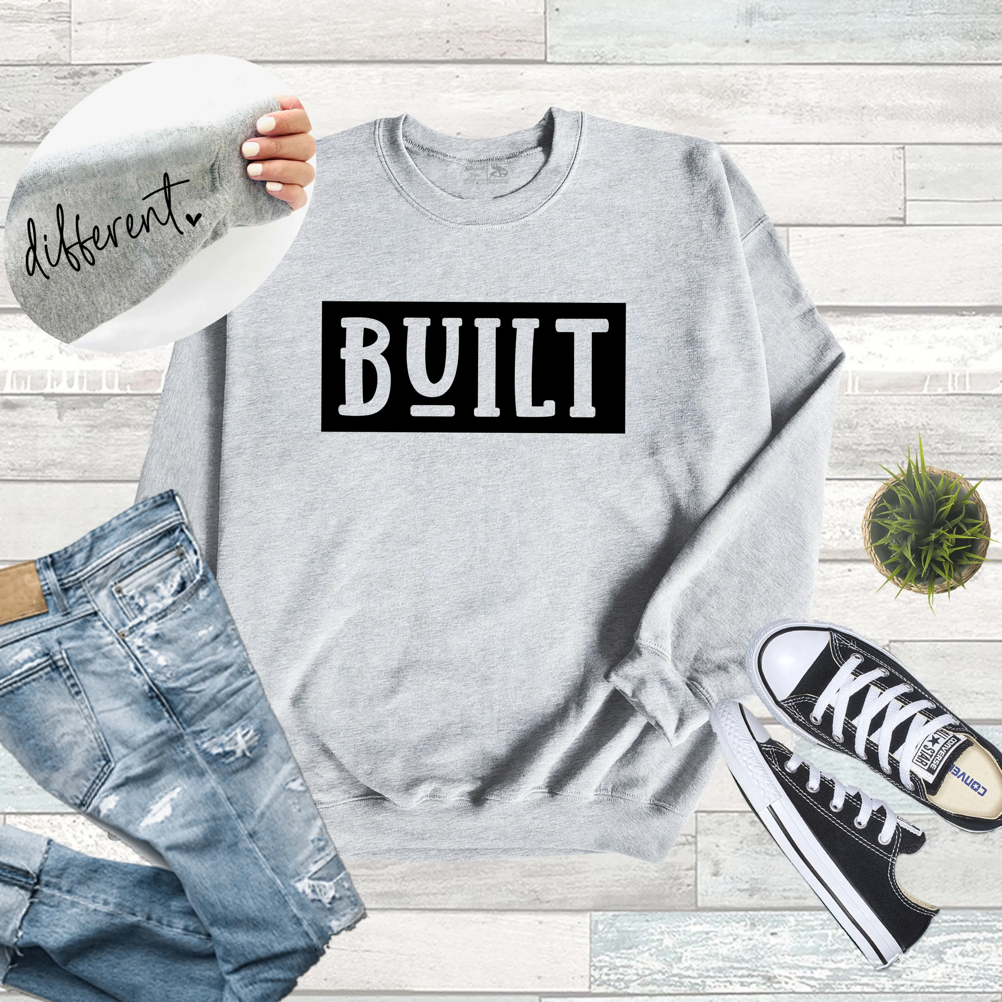 Built Different Sweatshirt with sleeve quote